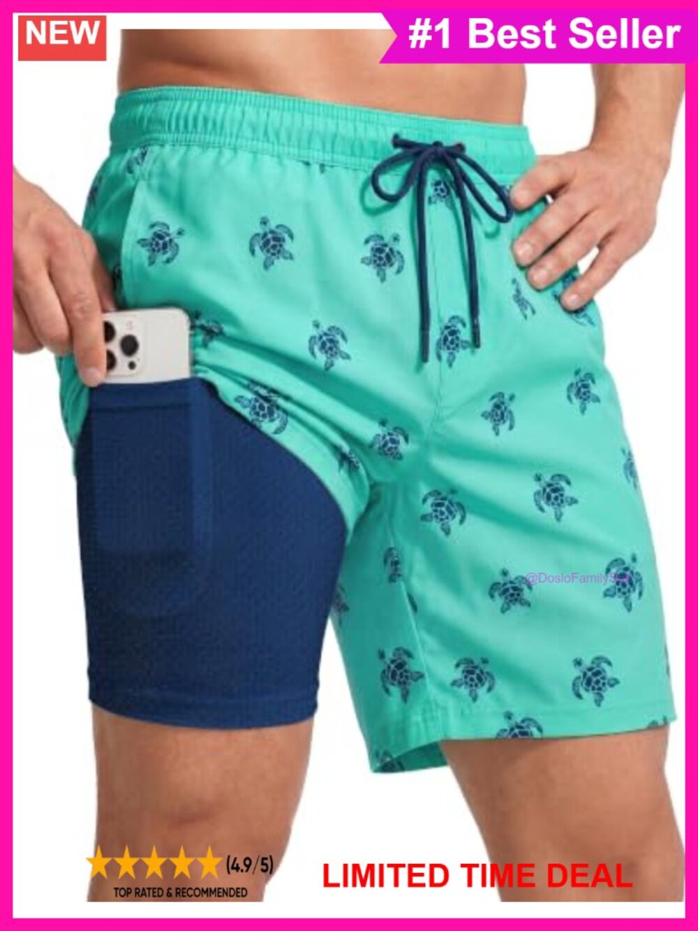Men's Swim Trunks with Compression Liner Quick Dry Zipper Pockets
